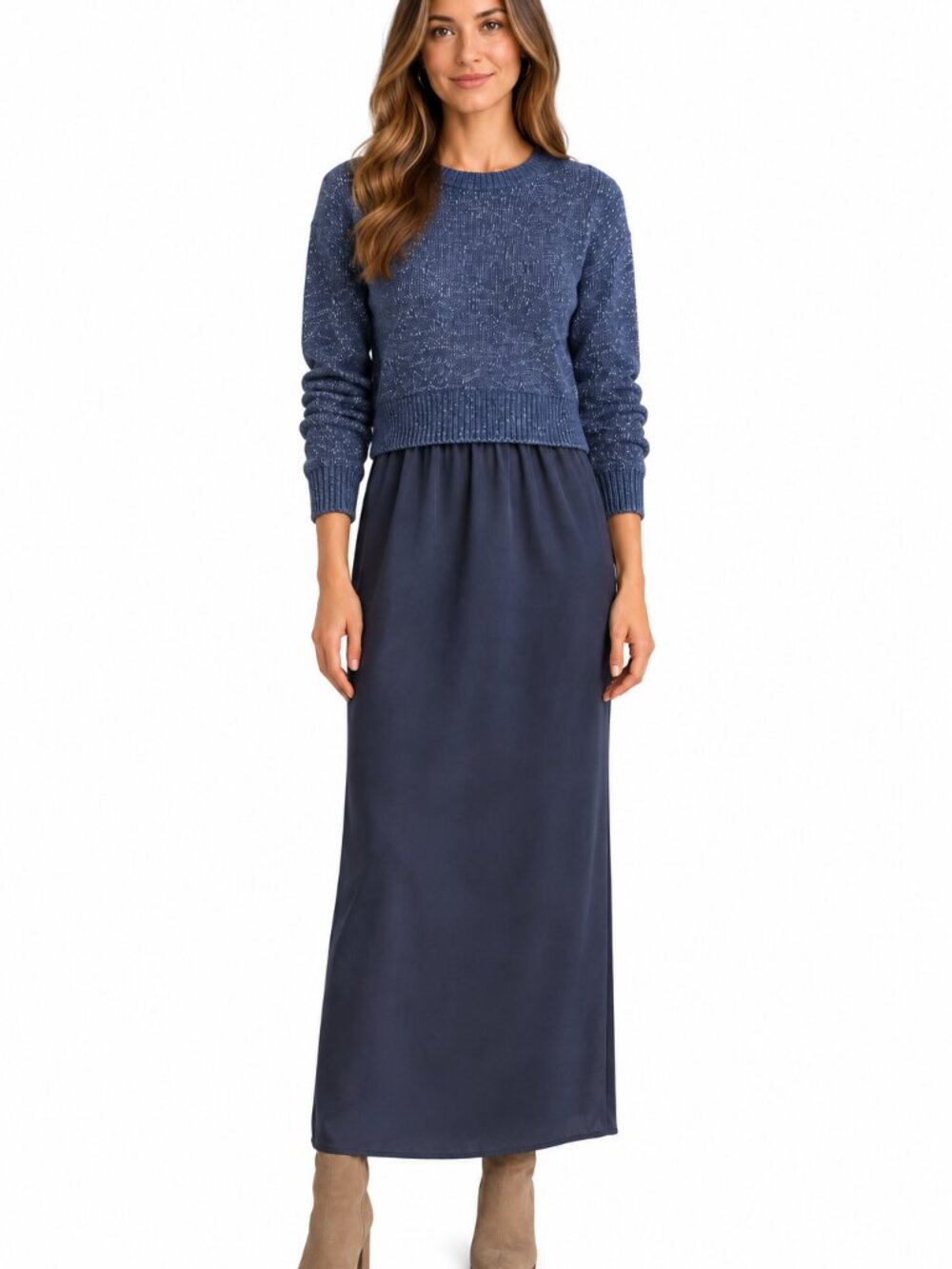 DESIGN 365 Blue Knit & Satin Midi Dress Size S